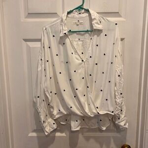 LOFT Lou & Grey White Heart Print Long Sleeve Button Down‎ Blouse Size Large